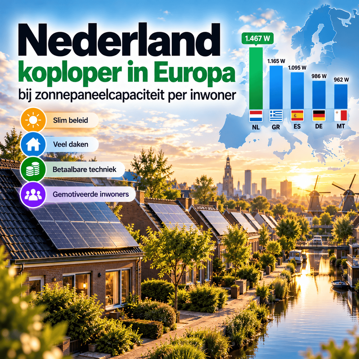 Nederland koploper zonnepanelen Europa
