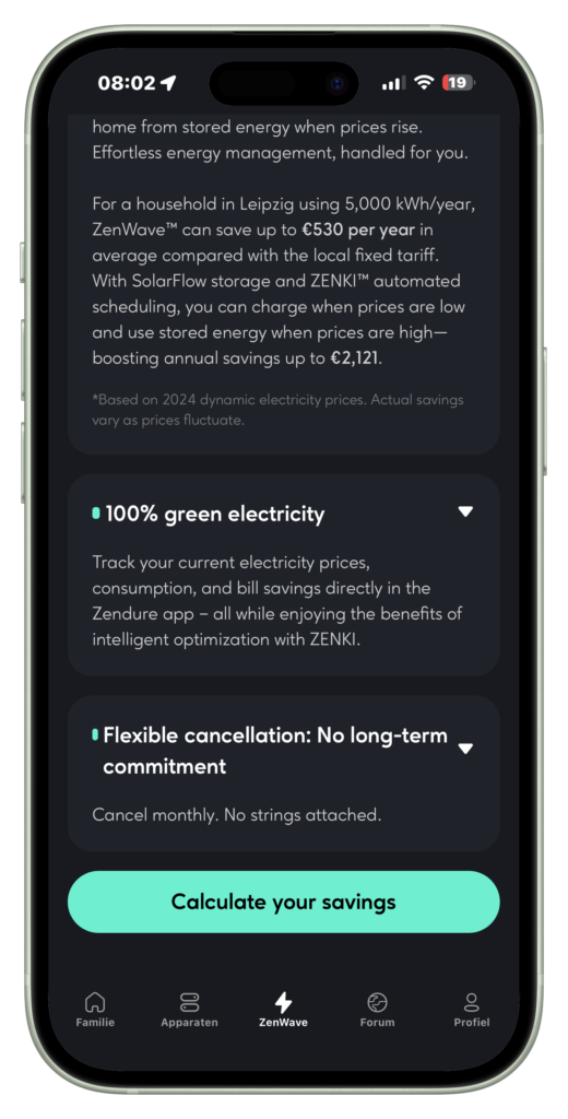 Screenshots des ZenWave‑Dynamikstromvertrags in der Zendure‑App