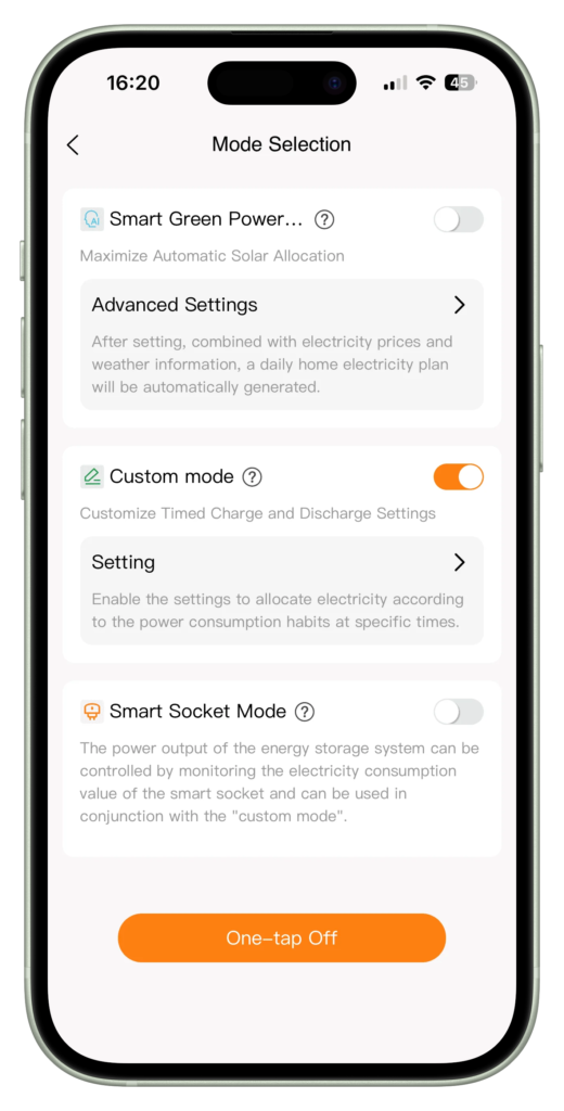 Lunergy app custom mode