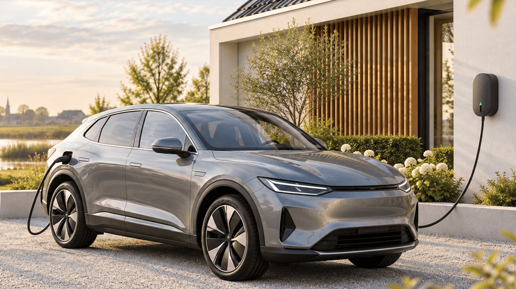 Elektrische auto die thuis vrijwel gratis wordt geladen met een dynamisch energiecontract en ERE-vergoeding.