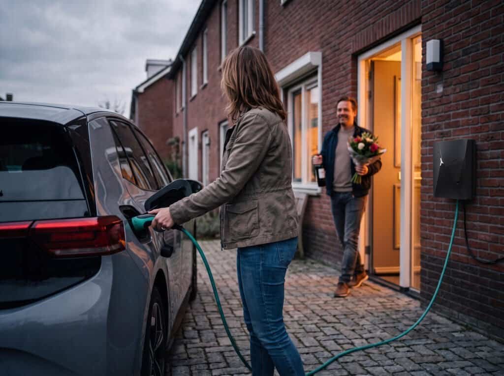 Buurvrouw laadt elektrische auto op bij thuislaadpaal via Joulo Deel