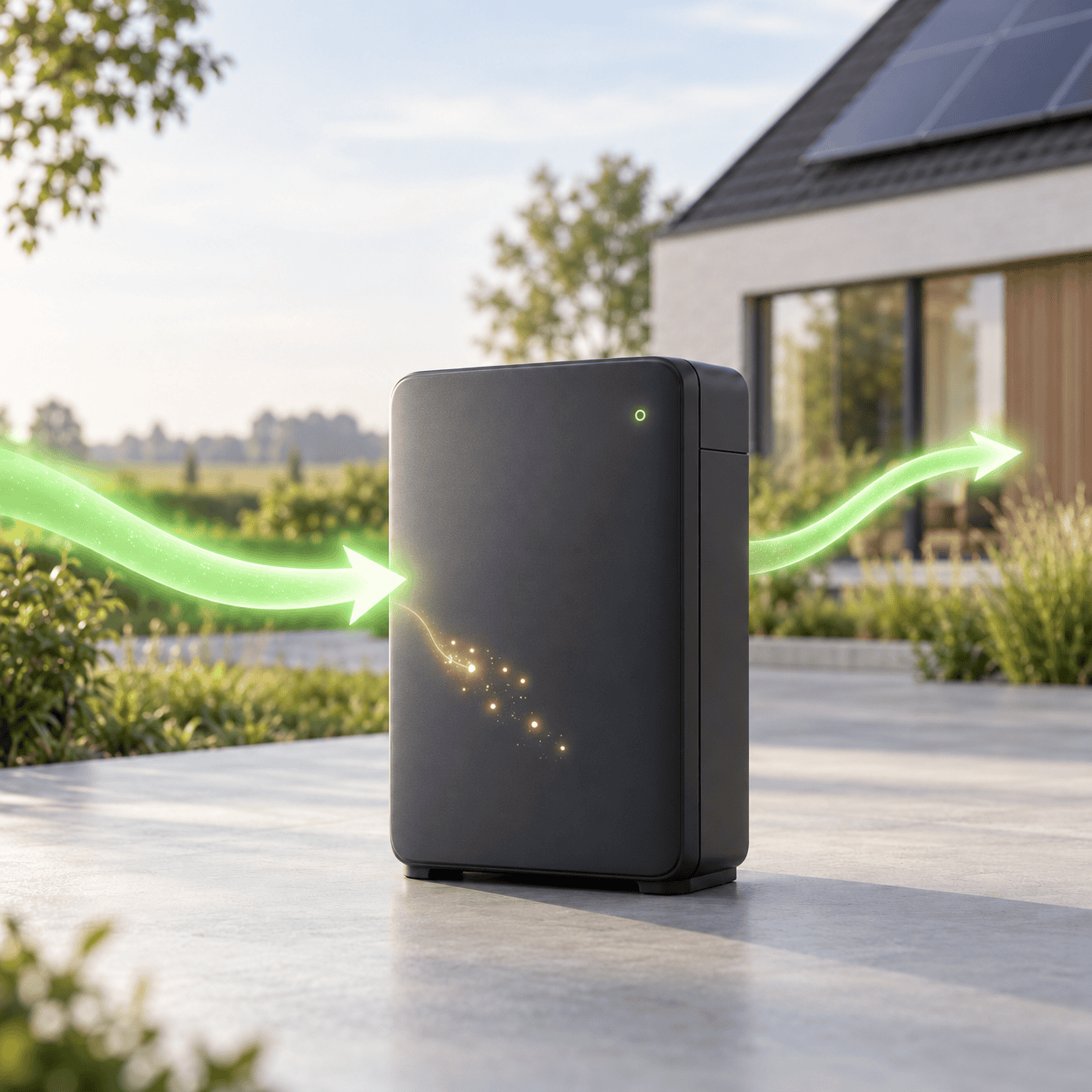 Illustratie van een thuisbatterij met inkomende en uitgaande energiestromen en energieverlies bij laden en ontladen