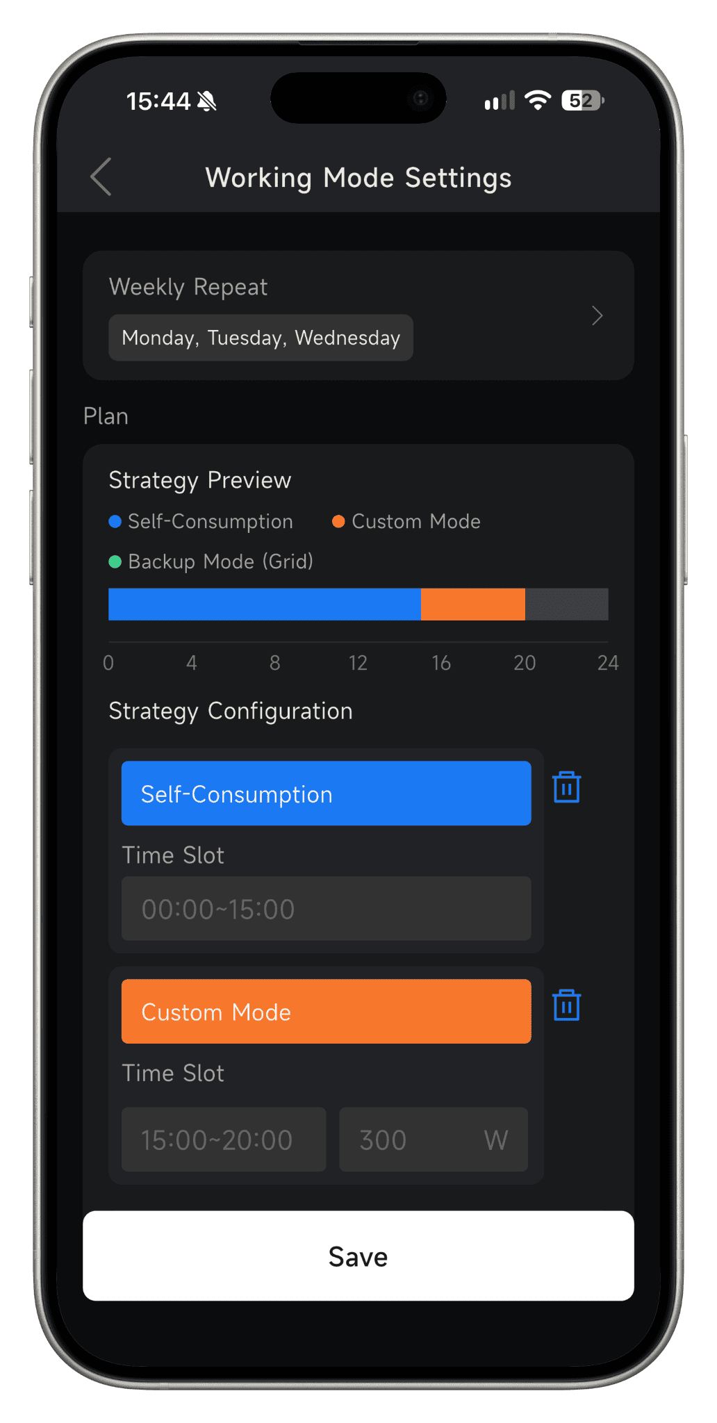 HYXI app: verschillende bedrijfsmodi combineren in een dagschema